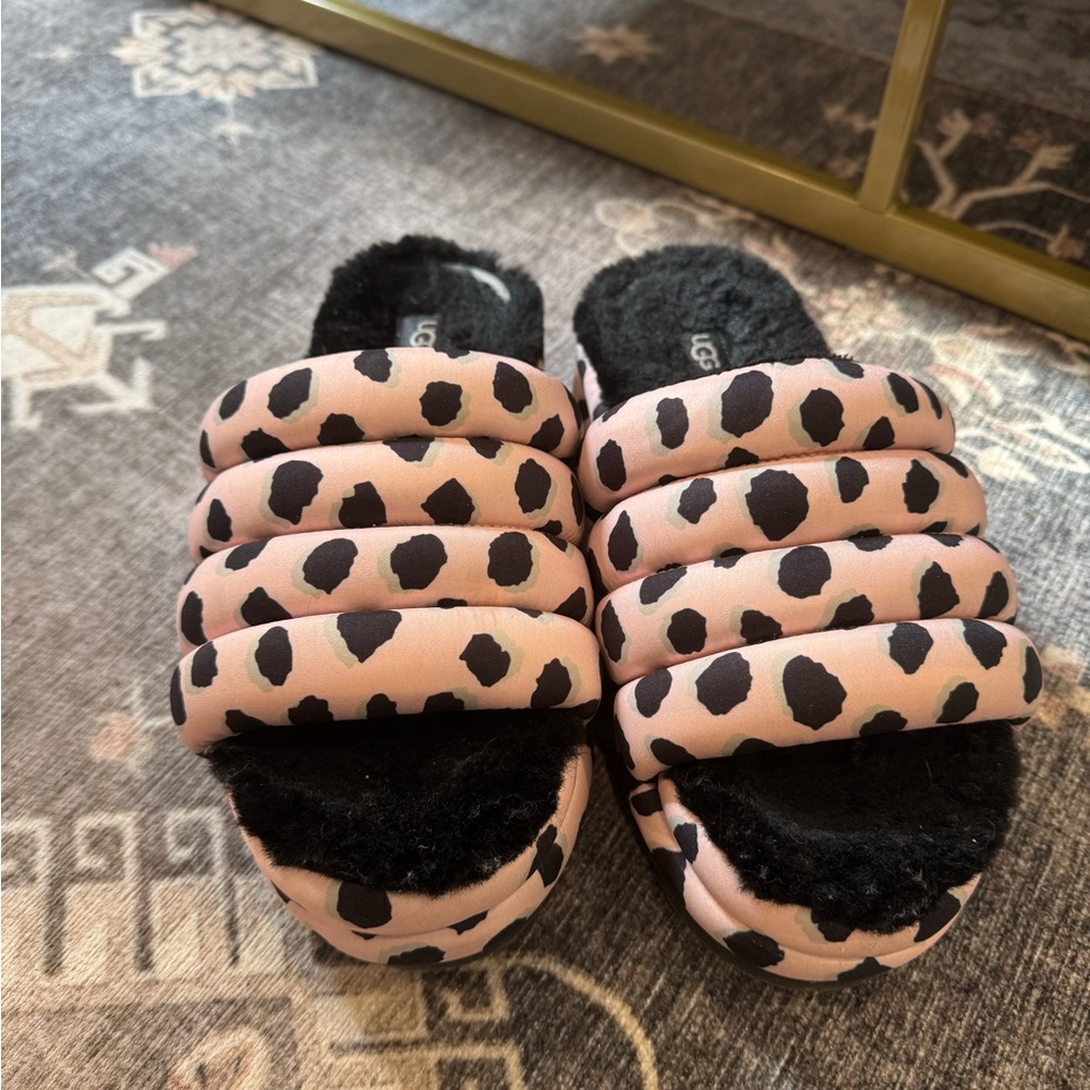 UGG Black and Pink Fuzzy Slippers
